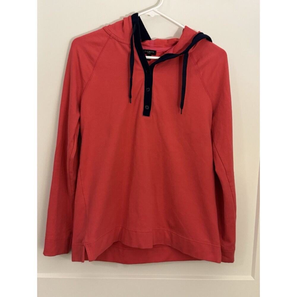 Talbots Watermelon Pink Navy Blue Hooded Henley Stretch Top Shirt Sz SP